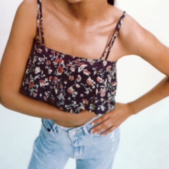 ZARA Floral Crop Top Womens Medium Boho Spaghetti Straps Tiered Ruffle Shirt - Picture 2 of 9